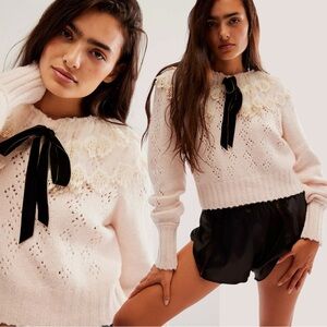 Free People Dainty Coquette Lace Collar Hold Me Closer Sweater Medium